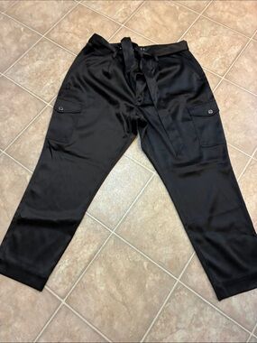 White House Black Market Black Satin Cargo Pants with Waist Tie tapered ankle